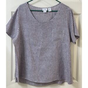Nicole Miller Linen Top Short Sleeve Blue Red White Stripe XL Hi Low Hem EUC